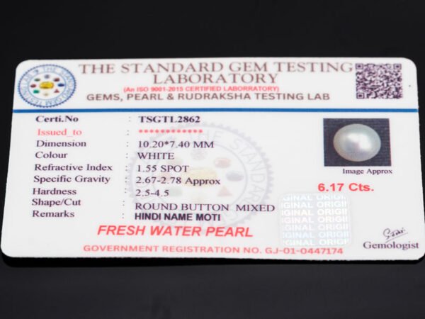 Cultured Pearl Moti 6.17 carat certificate image