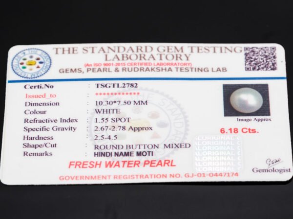 Cultured Pearl Moti 6.18 carat certificate image