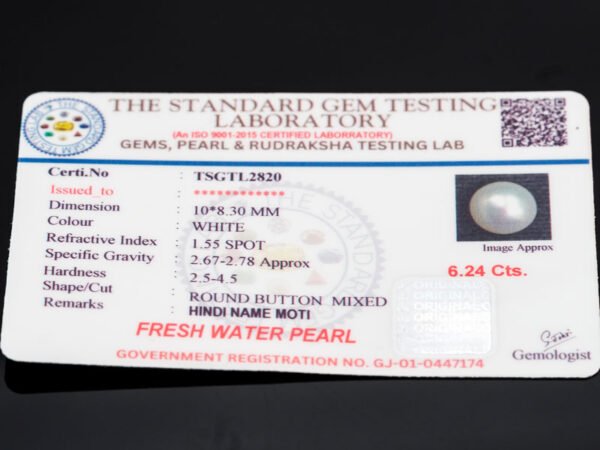 Cultured Pearl Moti 6.24 carat certificate image