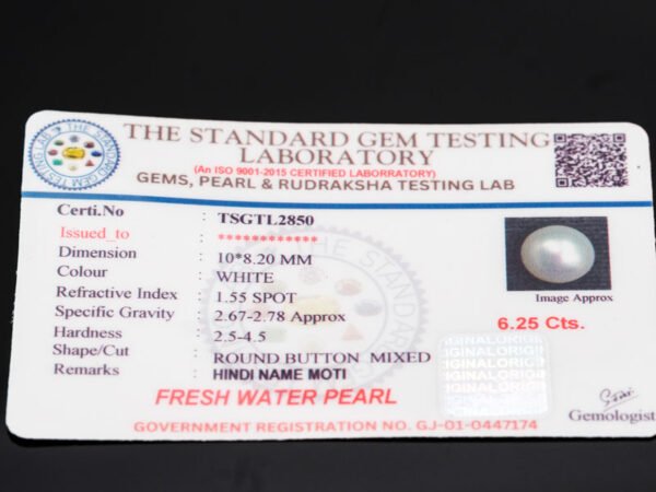 Cultured Pearl Moti 6.25 carat certificate image