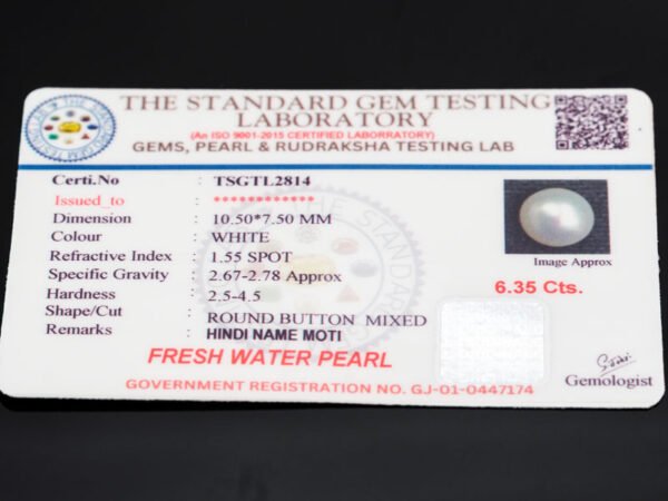 Cultured Pearl Moti 6.35 carat certificate image