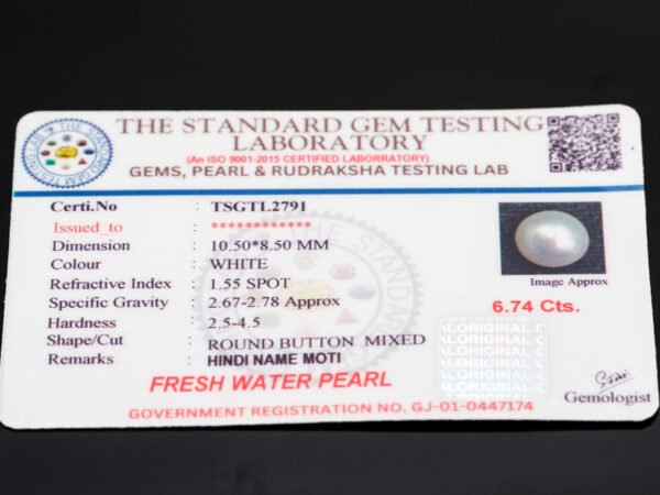 Cultured Pearl Moti 6.74 carat certificate image