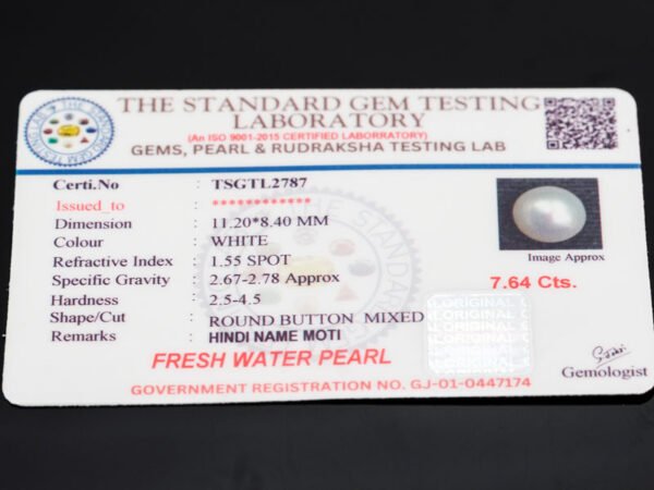 Cultured Pearl Moti 7.64 carat certificate image