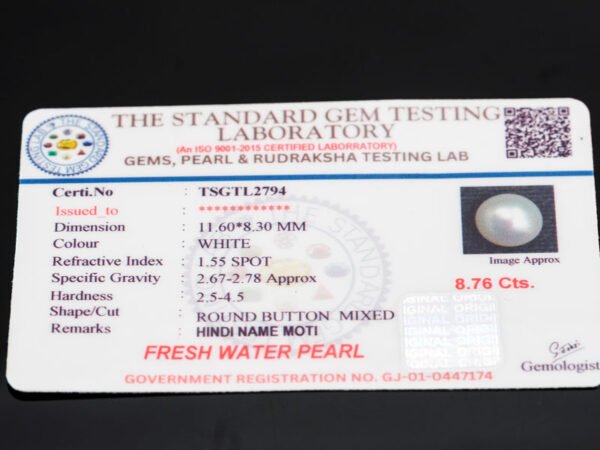 Cultured Pearl Moti 8.76 carat certificate image