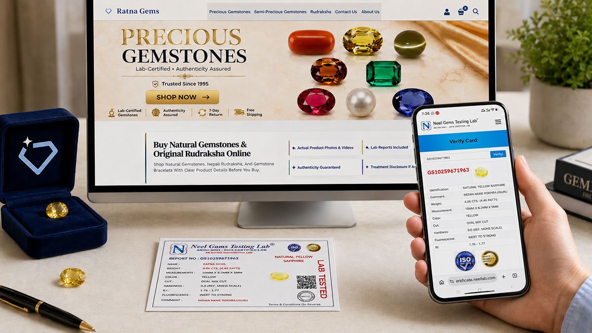 How to Buy Gemstones Online Safely: Certified Buyer's Guide 1 Verifying a natural certified gemstone ring online with a digital lab report checker on a smartphone screen