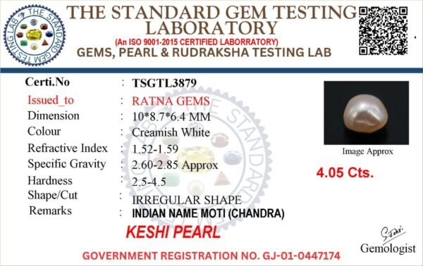 Keshi Pearl Moti 4.05 carat lab certificate report