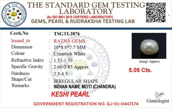 Keshi Pearl Moti 5.09 carat lab certificate report