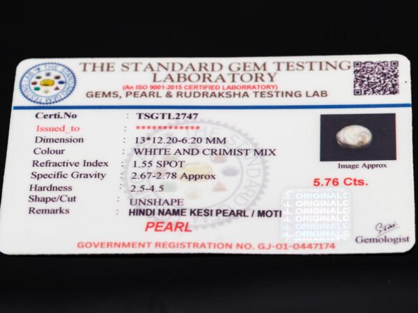Keshi Pearl Moti 5.76 carat certificate image