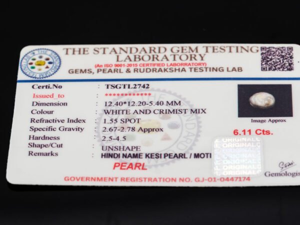 Keshi Pearl Moti 6.11 carat certificate image