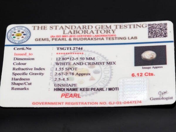 Keshi Pearl Moti 6.12 carat certificate image
