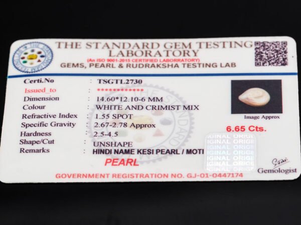 Keshi Pearl Moti 6.65 carat certificate image