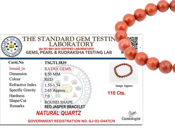 Lab certificate for Red Jasper Bracelet TSGTL3839 by The Standard Gem Testing Laboratory