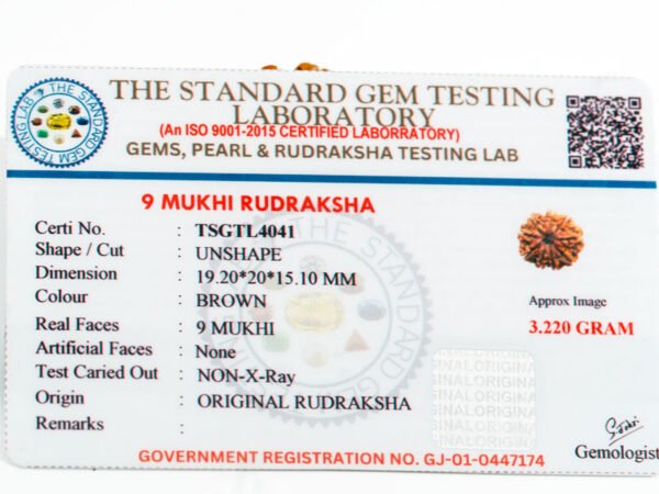Laboratory certificate for Original 9 Mukhi Rudraksha TSGTL4041